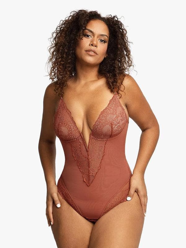 Body sculptant en dentelle à décolleté en V profond