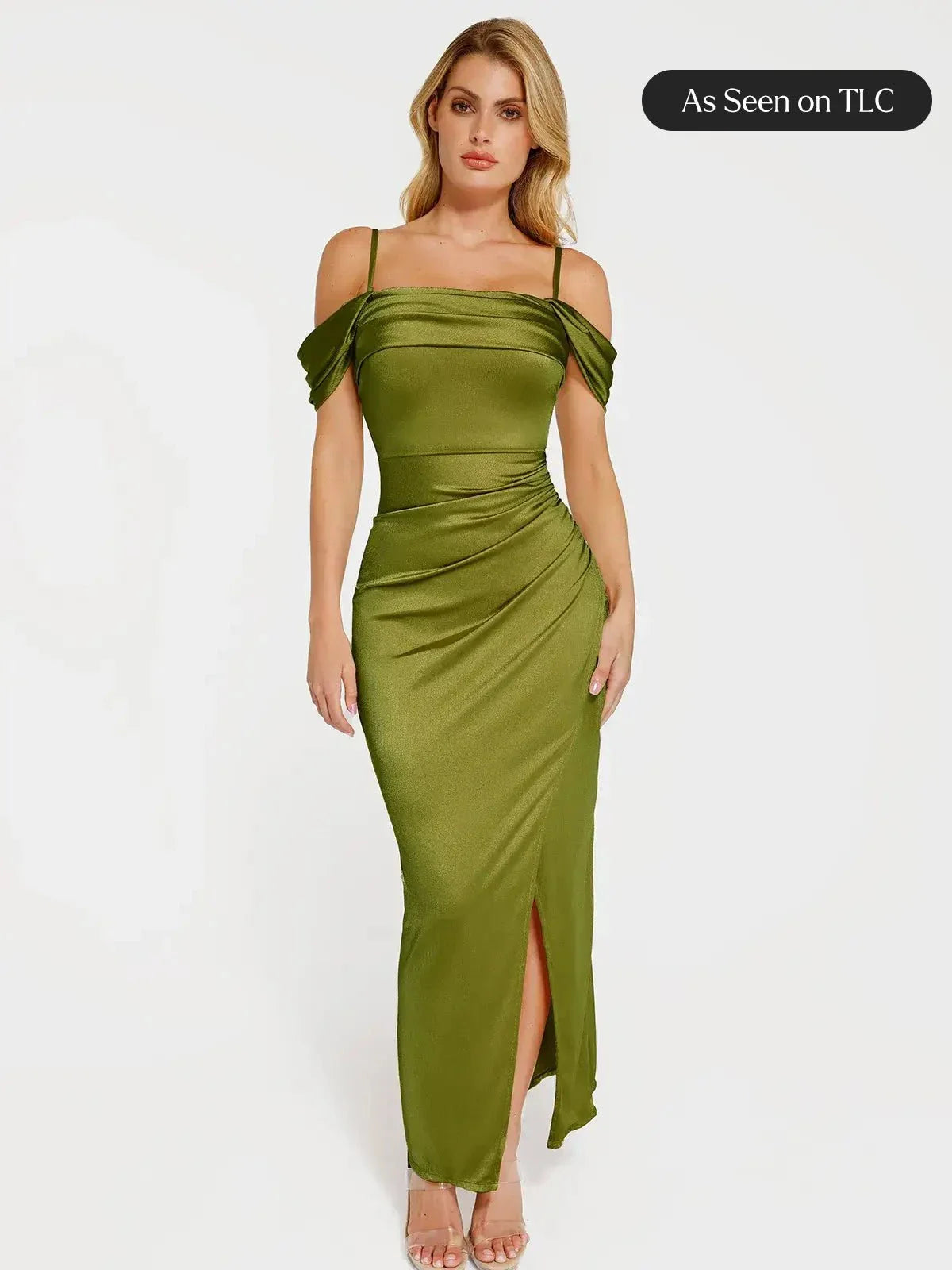 Robe Maxi Sculptante Froncée en Shapewear à Épaules Dégagées