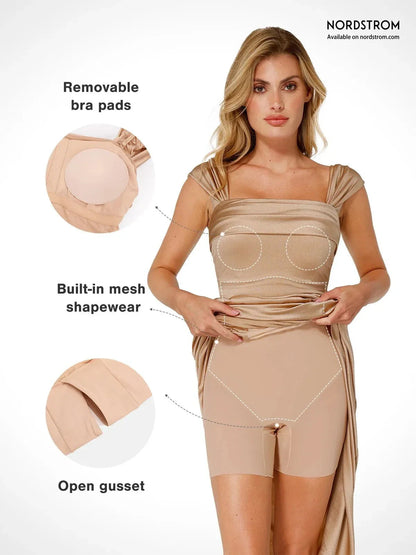 Robe Maxi Sculptante Froncée en Shapewear à Épaules Dégagées