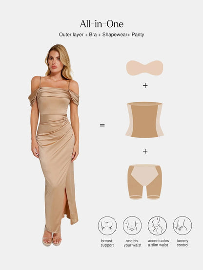 Robe Maxi Sculptante Froncée en Shapewear à Épaules Dégagées