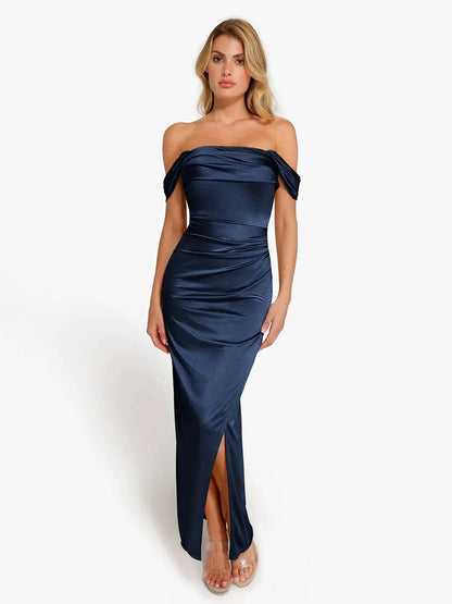 Robe Maxi Sculptante Froncée en Shapewear à Épaules Dégagées