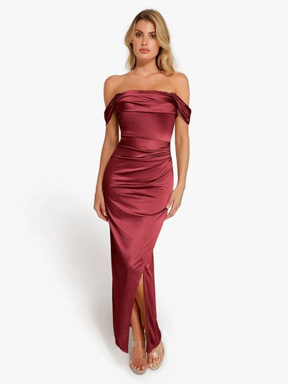 Robe Maxi Sculptante Froncée en Shapewear à Épaules Dégagées