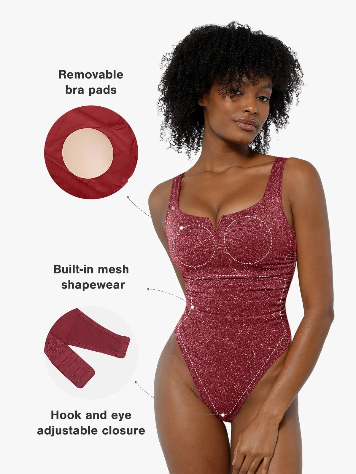 Body Sculptant en Maille Métallique Froncée à Encolure Carrée