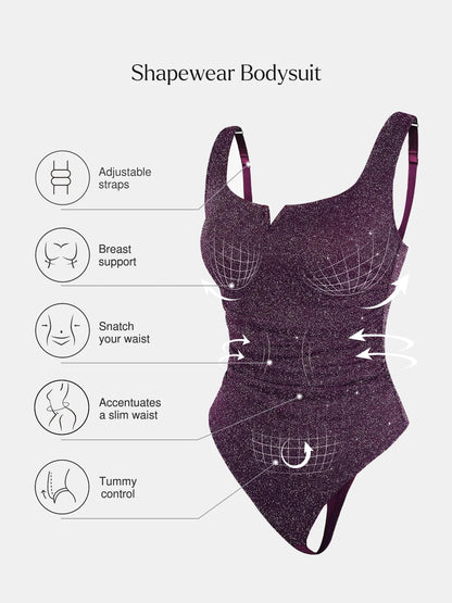 Body Sculptant en Maille Métallique Froncée à Encolure Carrée