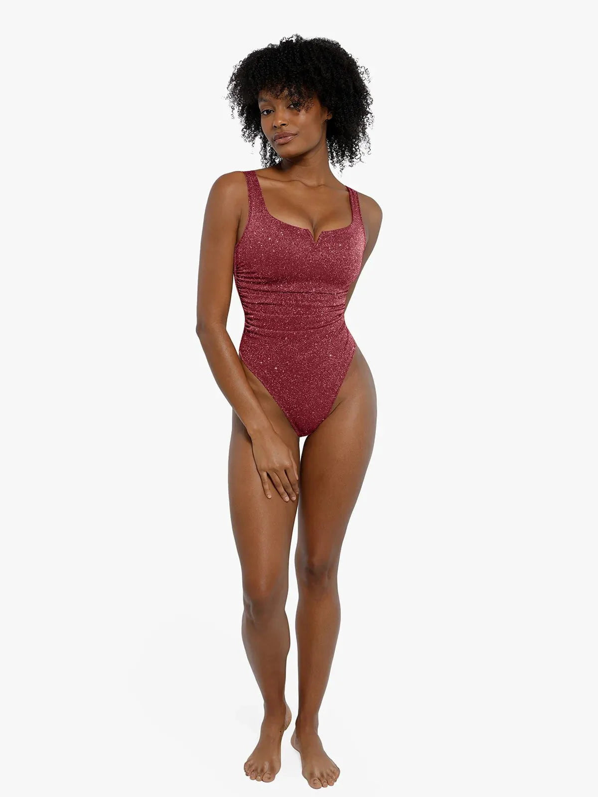 Body Sculptant en Maille Métallique Froncée à Encolure Carrée