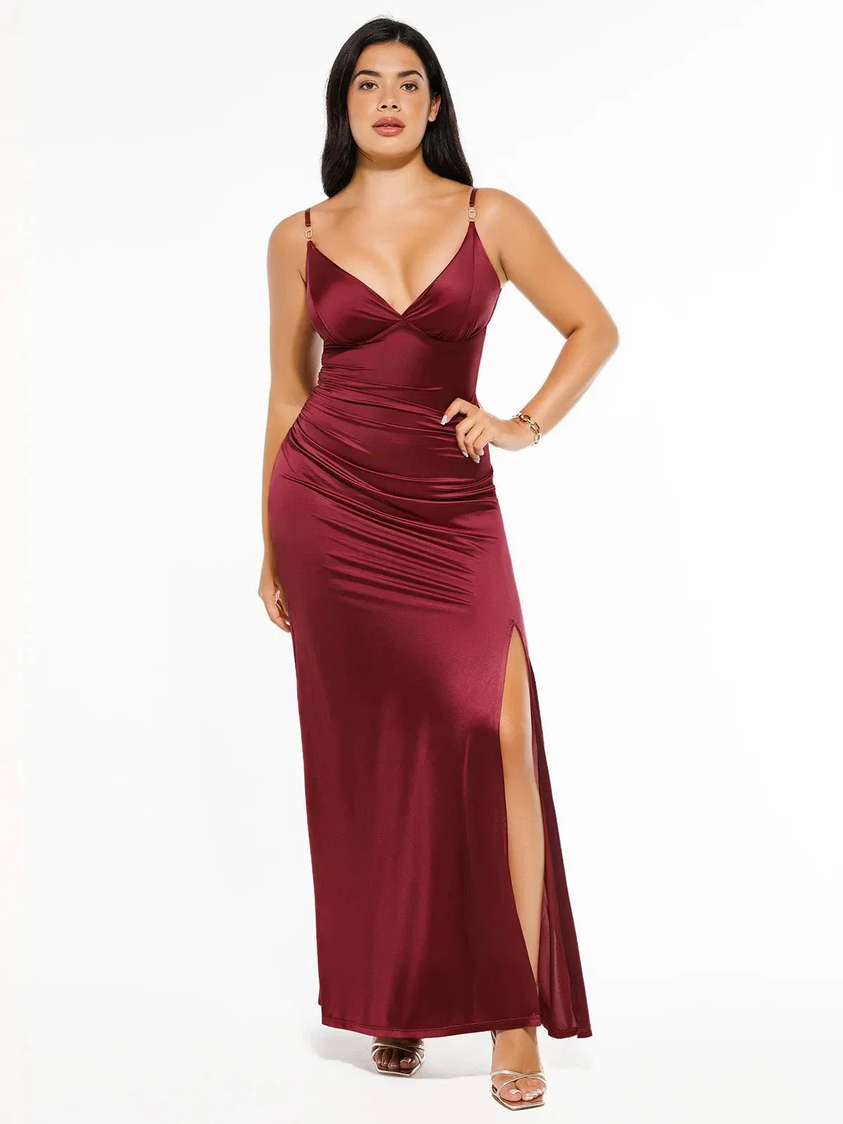 Robe Maxi Satinée à Fente Avant en V Profond