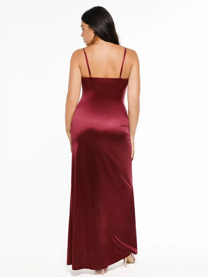 Robe Maxi Satinée à Fente Avant en V Profond