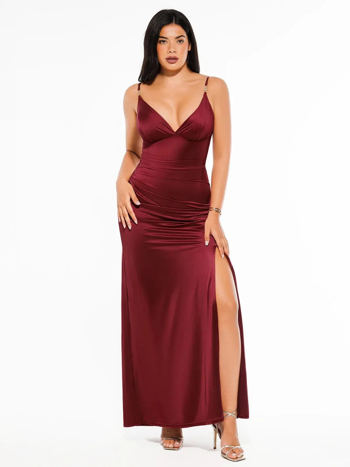 Robe Maxi Satinée à Fente Avant en V Profond