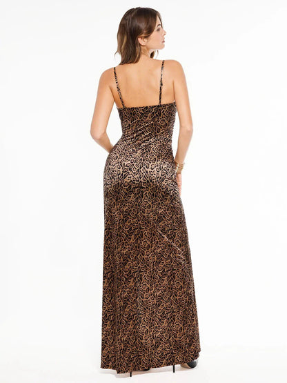 Robe Maxi Satinée à Fente Avant en V Profond