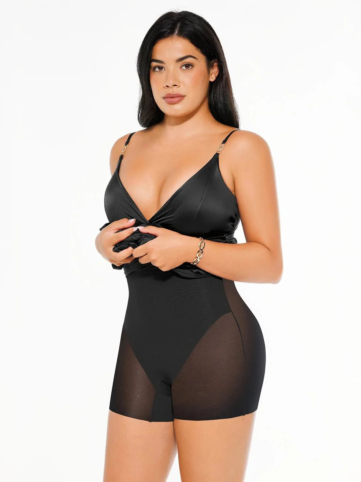 Robe Maxi Satinée à Fente Avant en V Profond