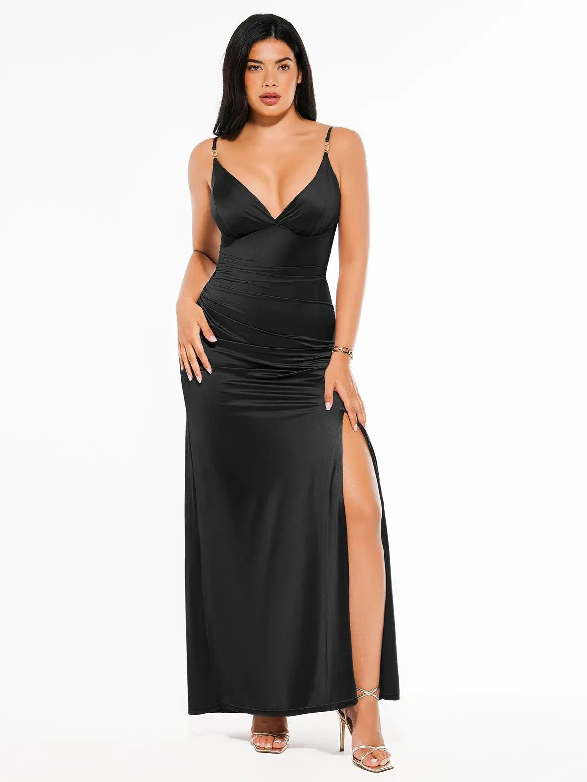 Robe Maxi Satinée à Fente Avant en V Profond