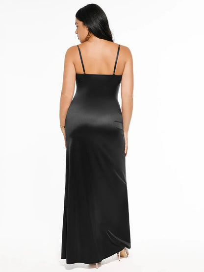 Robe Maxi Satinée à Fente Avant en V Profond