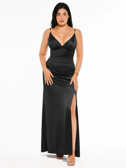 Robe Maxi Satinée à Fente Avant en V Profond