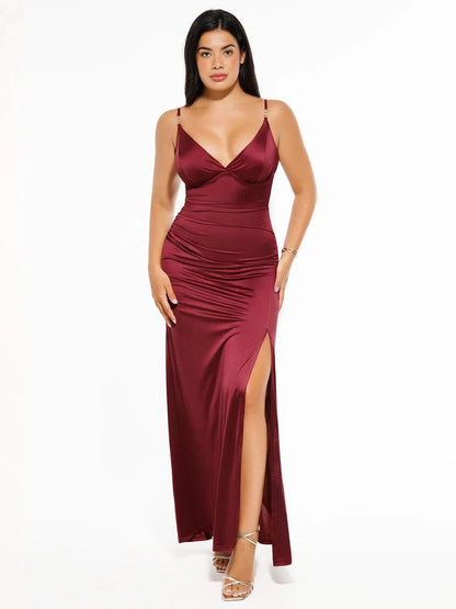 Robe Maxi Satinée à Fente Avant en V Profond