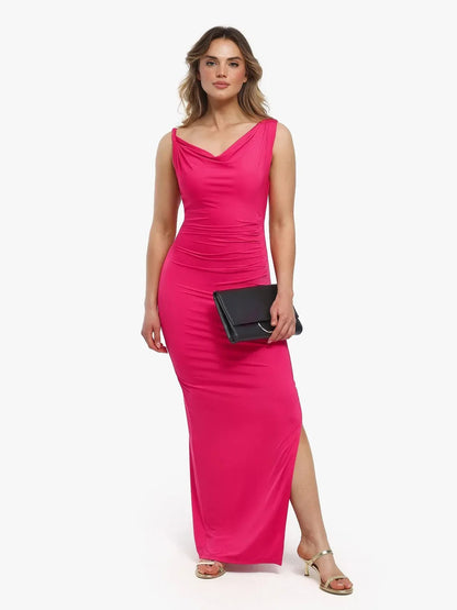 Robe Maxi Sculptante à Col Cowl en Tissu Solide