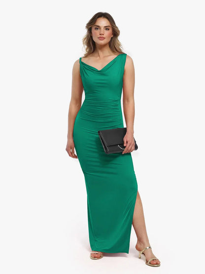 Robe Maxi Sculptante à Col Cowl en Tissu Solide