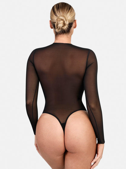 Body de Contrôle de Ventre en Maille Illusion à Manches Longues