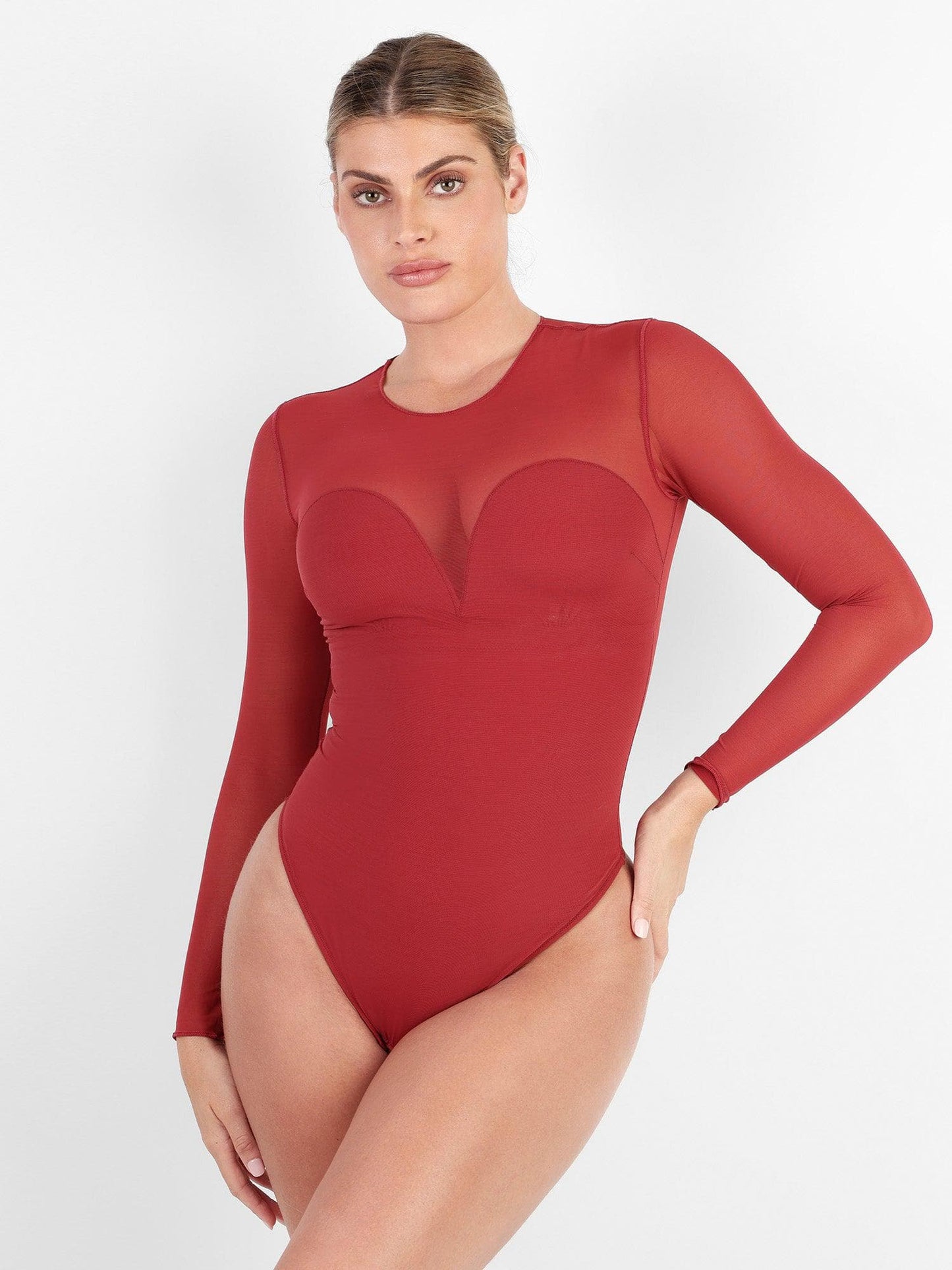 Body sculptant en maille illusion à manches longues avec contrôle du ventre