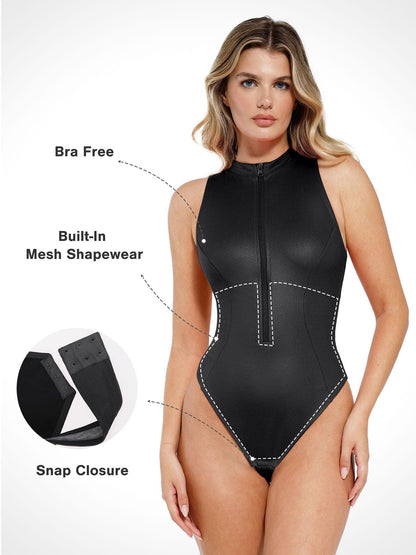 Body Sculptant en Simili Cuir avec Col Montant et Fermeture Éclair