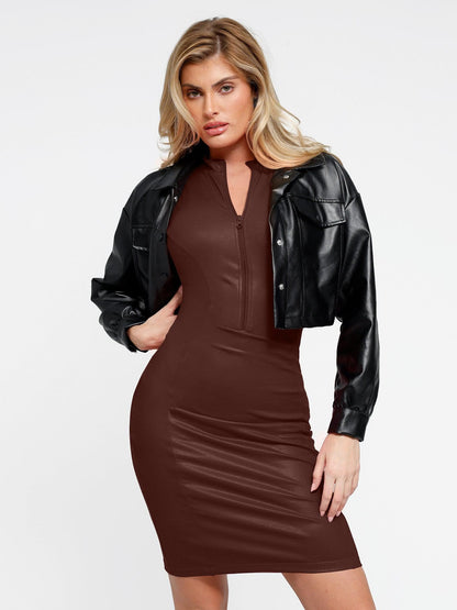 Robe Midi en Similicuir avec Zip à l'Avant et Sculptante