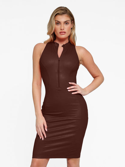 Robe Midi en Similicuir avec Zip à l'Avant et Sculptante