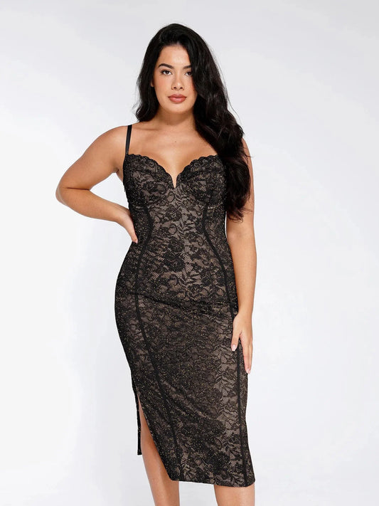 Robe Midi Corset en Dentelle avec Fente Latérale